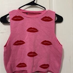 Primark Pink Crop Top with Red Lips Design